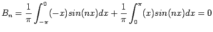 $\displaystyle B_n=\frac{1}{\pi}\int_{-\pi}^{0} (-x)sin(nx)dx+\frac{1}{\pi}\int_{0}^{\pi} (x)sin(nx)dx=0
$