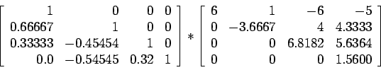 \begin{displaymath}
\left[
\begin{array}{rrrr}
1&0&0&0\\
0.66667 & 1 & 0 & 0 ...
... & 6.8182 &5.6364\\
0& 0 &0 & 1.5600 \\
\end{array} \right]
\end{displaymath}