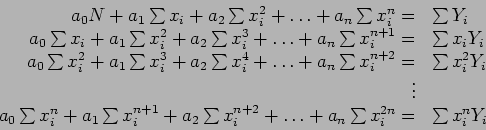 \begin{displaymath}
\begin{array}{rl}
a_0N+a_1\sum x_i+a_2 \sum x_i^2+\ldots+a_n...
...i^{n+2}+\ldots+a_n\sum x_i^{2n}= & \sum x_i^nY_i\\
\end{array}\end{displaymath}