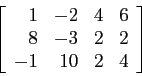 \begin{displaymath}
\left[
\begin{array}{rrrr}
1 &-2 &4&6\\
8 &-3 &2&2\\
-1 &10 &2&4\\
\end{array} \right]
\end{displaymath}