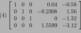 \begin{displaymath}
(4) \left[
\begin{array}{rrrrr}
1 & 0 & 0 & 0.04 &-0.58\\
0...
...0 & -1.32\\
0 & 0 & 0 & 1.5599 & -3.12\\
\end{array} \right]
\end{displaymath}