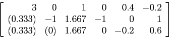 \begin{displaymath}
\left[
\begin{array}{rrrrrr}
3 & 0 & 1 & 0 &0.4& -0.2\\
(...
...
(0.333) & (0) & 1.667 & 0 &-0.2 & 0.6\\
\end{array} \right]
\end{displaymath}