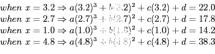 \begin{displaymath}
\begin{array}{r}
when x = 3.2 \Rightarrow a(3.2)^3 + b(3.2...
...htarrow a(4.8)^3 + b(4.8)^2 + c(4.8) + d = 38.3 \\
\end{array}\end{displaymath}