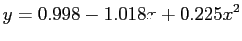 $\displaystyle y = 0.998 - 1.018x + 0.225x^2
$