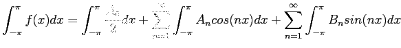 $\displaystyle \int_{-\pi}^{\pi} f(x)dx=\int_{-\pi}^{\pi}\frac{A_0}{2}dx+
\sum_...
...t_{-\pi}^{\pi} A_ncos(nx)dx+ \sum_{n=1}^{\infty} \int_{-\pi}^{\pi}B_nsin(nx)dx
$