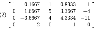 \begin{displaymath}
(2) \left[
\begin{array}{rrrrr}
1 & 0.1667 & -1&-0.8333 & 1 ...
...4 & 4.3334 & -11 \\
0 & 2 & 0 & 1 & 0 \\
\end{array} \right]
\end{displaymath}