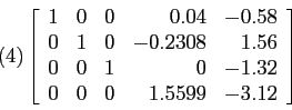 \begin{displaymath}
(4) \left[
\begin{array}{rrrrr}
1 & 0 & 0 & 0.04 &-0.58\\
0...
...0 & -1.32\\
0 & 0 & 0 & 1.5599 & -3.12\\
\end{array} \right]
\end{displaymath}