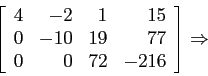 \begin{displaymath}
\left[
\begin{array}{rrrr}
4 & -2 & 1 &15 \\
0 & -10 & 19 &77 \\
0 & 0 & 72 &-216 \\
\end{array} \right] \Rightarrow
\end{displaymath}