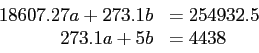 \begin{displaymath}
\begin{array}{rl}
18607.27 a + 273.1 b& =254932.5\\
273.1a + 5b &=4438\\
\end{array}\end{displaymath}