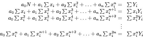 \begin{displaymath}
\begin{array}{rl}
a_0N+a_1\sum x_i+a_2 \sum x_i^2+\ldots+a_n...
...i^{n+2}+\ldots+a_n\sum x_i^{2n}= & \sum x_i^nY_i\\
\end{array}\end{displaymath}