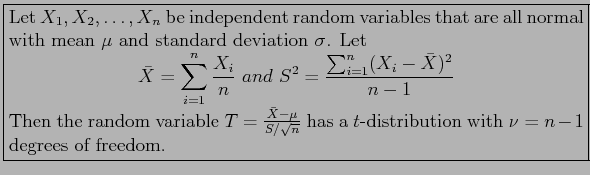 \fbox{\parbox{5in}{
Let $X_1,X_2,\ldots,X_n$\ be independent random variables th...
...u}{S/\sqrt{n}}$\ has a $t$-distribution with $\nu = n-1$\ degrees of freedom.
}}