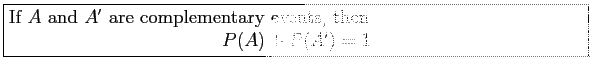 \fbox{\parbox{5in}{
If $A$\ and $A'$\ are complementary events, then
\begin{displaymath}
P(A)+P(A')=1
\end{displaymath}}}