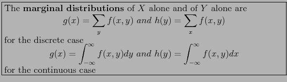 \fbox{\parbox{5in}{
The \textbf{marginal distributions} of $X$\ alone and of $Y$...
...h(y)=\int_{-\infty}^\infty f(x,y)dx
\end{displaymath}for the continuous case
}}