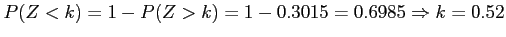 $\displaystyle P(Z < k) = 1 - P(Z > k) = 1 - 0.3015 = 0.6985 \Rightarrow k = 0.52
$