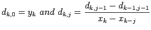 $\displaystyle d_{k,0}=y_k~and~d_{k,j}=\frac{d_{k,j-1}-d_{k-1,j-1}}{x_k-x_{k-j}}
$