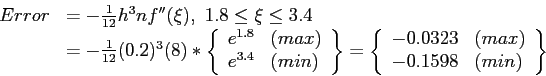 \begin{displaymath}
\begin{array}{rl}
Error&=-\frac{1}{12}h^3nf''(\xi), 1.8\leq\...
...0323&(max)\\
-0.1598&(min)\\
\end{array}\right \}
\end{array}\end{displaymath}