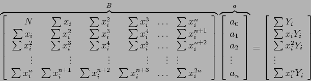 \begin{displaymath}\overbrace{\left[
\begin{array}{rrrrrl}
N & \sum x_i & \sum x...
... x_i^2Y_i\\
\vdots \\
\sum x_i^n Y_i\\
\end{array} \right]\end{displaymath}