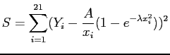 $\displaystyle S = \sum_{i=1}^{21}(Y_i-\frac{A}{x_i}(1-e^{-\lambda x_i^2}))^2
$