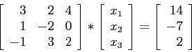 \begin{displaymath}
\left[
\begin{array}{rrr}
3 & 2 & 4 \\
1 & -2 & 0 \\
-1...
...left[
\begin{array}{r}
14\\
-7\\
2\\
\end{array}\right]
\end{displaymath}