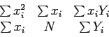 \begin{displaymath}
\begin{array}{ccc}
\sum x_i^2 & \sum x_i & \sum x_iY_i\\
\sum x_i & N & \sum Y_i\\
\end{array}\end{displaymath}