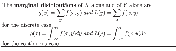 \fbox{\parbox{5in}{
The \textbf{marginal distributions} of $X$ alone and of $Y$...
...h(y)=\int_{-\infty}^\infty f(x,y)dx
\end{displaymath}for the continuous case
}}