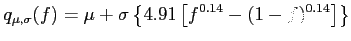 $\displaystyle q_{\mu,\sigma}(f)=\mu+\sigma\left\lbrace 4.91\left[ f^{0.14}-(1-f)^{0.14}\right] \right\rbrace
$