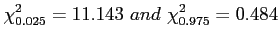 $\displaystyle \chi_{0.025}^2=11.143~ and ~\chi_{0.975}^2=0.484
$