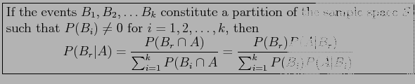 \fbox{\parbox{5in}{
If the events $B_1,B_2, \ldots B_k$\ constitute a partition ...
...\frac{P(B_r)P(A\vert B_r)}{\sum_{i=1}^k P(B_i)P(A\vert B_i)}
\end{displaymath}}}