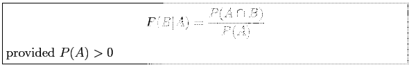 \fbox{\parbox{5in}{
\begin{displaymath}
P(B\vert A)=\frac{P(A \cap B)}{P(A)}
\end{displaymath}provided $P(A) > 0$
}}