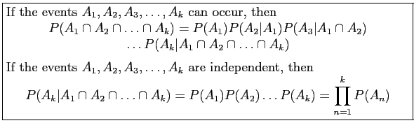 \fbox{\parbox{5in}{
If the events $A_1,A_2,A_3,\ldots ,A_k$\ can occur, then
\be...
...ots \cap A_k)=P(A_1)P(A_2)\ldots P(A_k)=\prod_{n=1}^k P(A_n)
\end{displaymath}}}