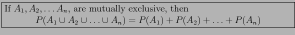 \fbox{\parbox{5in}{
If $A_1,A_2,\ldots A_n$, are mutually exclusive, then
\begin...
...cup A_2 \cup \ldots \cup A_n)=P(A_1)+P(A_2)+ \ldots + P(A_n)
\end{displaymath}}}